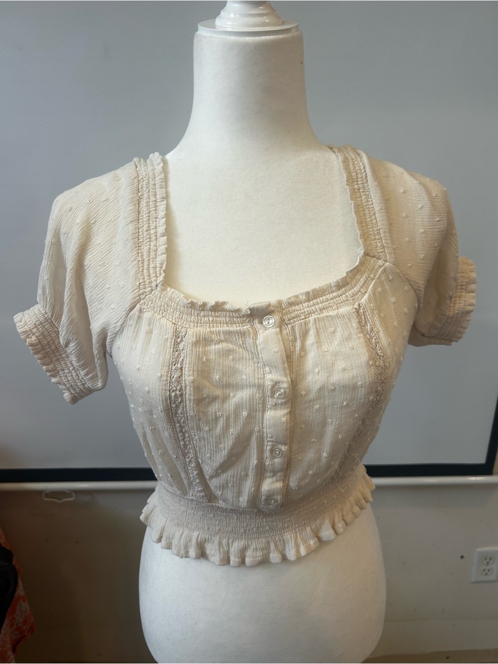 H&M Cream Smocked Swiss Dot Cropped Peasant Top